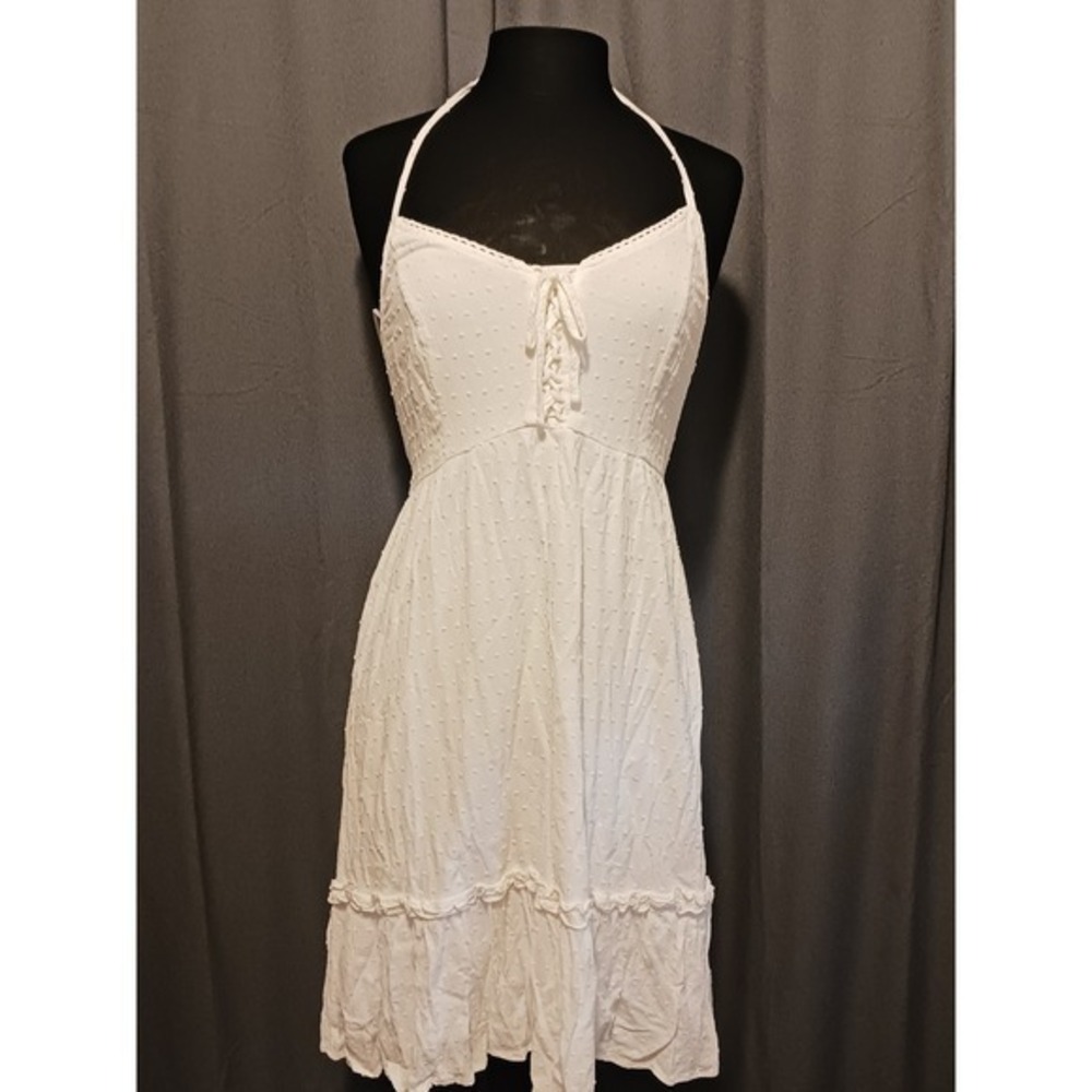 Hollister White Swiss Dot Halter Dress Ruffle Hem Summer Sundress M
